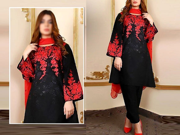 Trendy 2-Piece Embroidered Black Linen Dress 2023 (DZ16531)