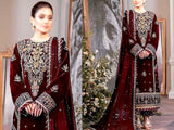 Luxury Embroidered Maroon Velvet Wedding Dress 2023 (DZ16539)