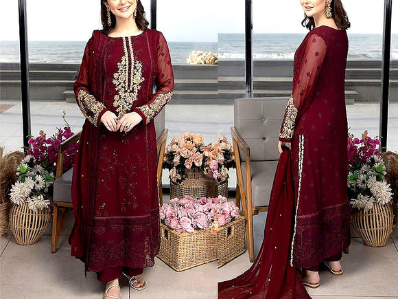 Heavy Embroidered Maroon Chiffon Wedding Dress 2023 (DZ16549)