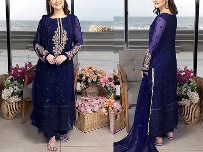 Heavy Embroidered Navy Blue Chiffon Wedding Dress 2023 (DZ16550)