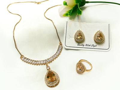 Champagne Stones Party Wear Necklace Set with Earrings & Rings (DZ16573)