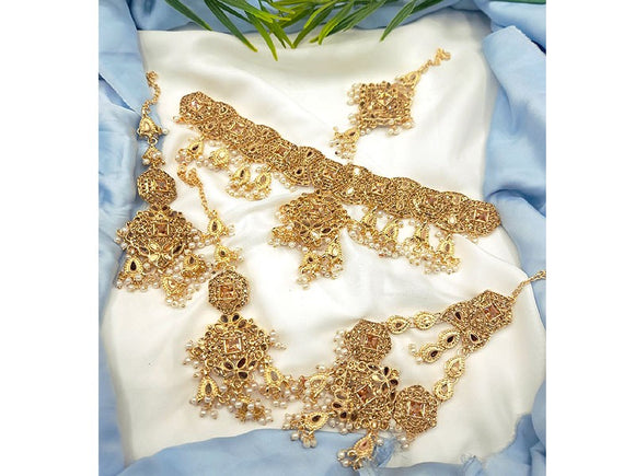 Stylish Bridal Choker Necklace Set with Earrings, Jhoomar & Tikka (DZ16574)