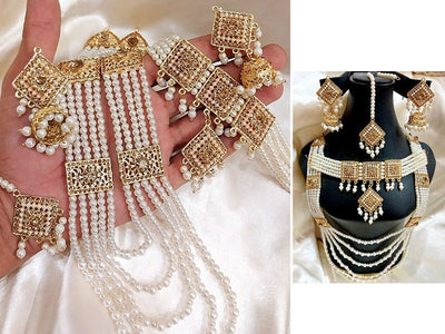 Pearl Long Mala & Choker Set with Earrings & Tikka (DZ16579)