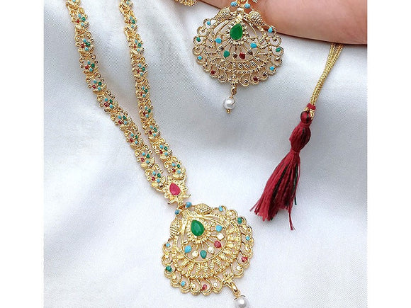 Indian Rajwadi Jewellery Set with Mala, Necklace & Jhumkis (DZ16595)