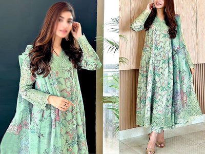 Digital Print Embroidered Lawn Dress with Digital Print Silk Dupatta (DZ16601)
