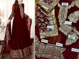 Embroidered Maroon Chiffon Maxi Dress with Embroidered Net Dupatta (DZ16606)