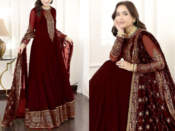 Embroidered Maroon Chiffon Maxi Dress with Embroidered Net Dupatta (DZ16606)