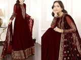 Embroidered Maroon Chiffon Maxi Dress with Embroidered Net Dupatta (DZ16606)