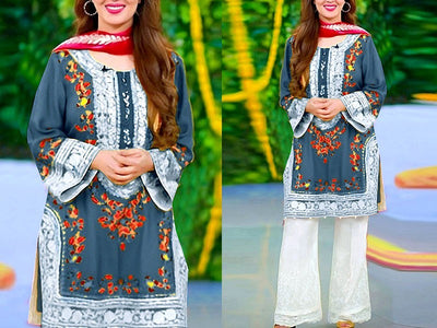 Elegant 2-Piece Embroidered Linen Dress 2023 (DZ16617)