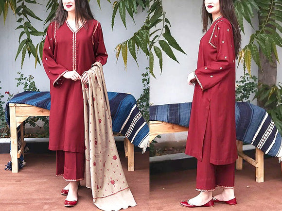Decent Embroidered Dhanak Dress with Dhanak Shawl Dupatta (DZ16621)