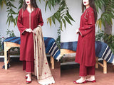 Decent Embroidered Dhanak Dress with Dhanak Shawl Dupatta (DZ16621)