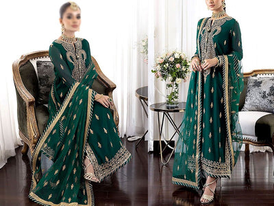 Embroidered Chiffon Wedding Dress 2023 with Embroidered Net Dupatta (DZ16631)