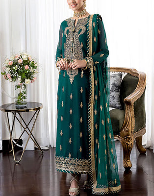 Embroidered Chiffon Wedding Dress with Embroidered Net Dupatta (DZ16631)