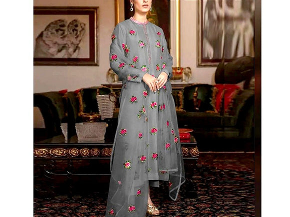 Readymade 3-Piece Embroidered Shamoz Silk Dress with Emb. Organza Dupatta (DZ16639)