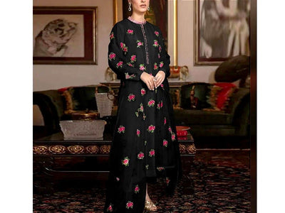 Readymade 3-Piece Embroidered Shamoz Silk Dress with Emb. Organza Dupatta (DZ16640)