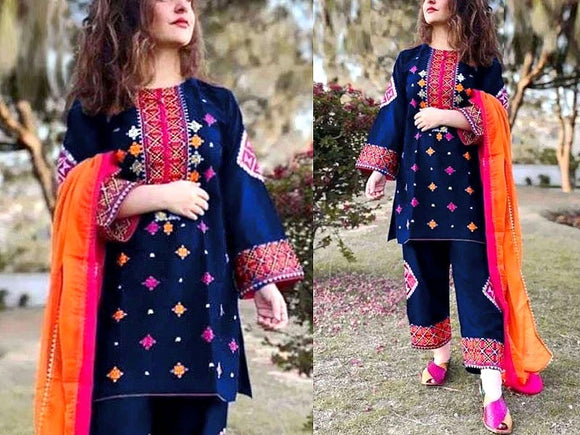 Readymade 2-Piece Embroidered Linen Dress 2023 (DZ16648)