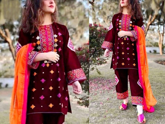 Readymade 2-Piece Embroidered Linen Dress 2023 (DZ16650)