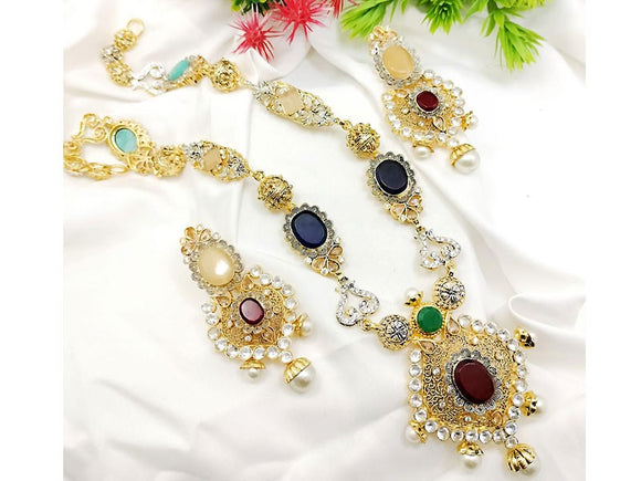 Premium Quality Indian Rajwadi Long Mala Set with Earrings (DZ16657)