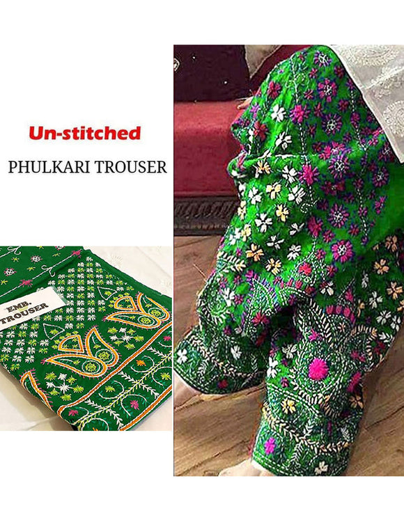 Unstitched Phulkari Embroidery Cotton Trouser Only - Green (DZ16672)