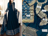 Elegant Embroidered Blue Chiffon Maxi Dress with Embroidered Net Dupatta (DZ16696)