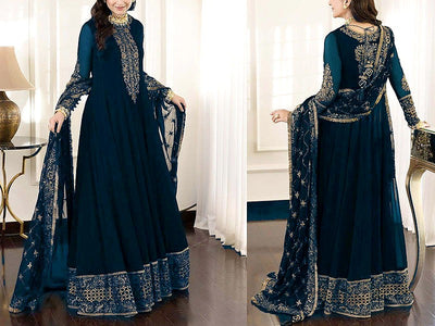 Elegant Embroidered Blue Chiffon Maxi Dress with Embroidered Net Dupatta (DZ16696)