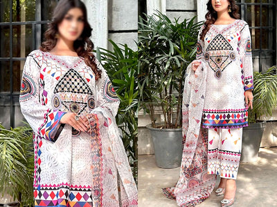 Digital Print Linen Dress with Linen Dupatta & Printed Trouser (DZ16703)