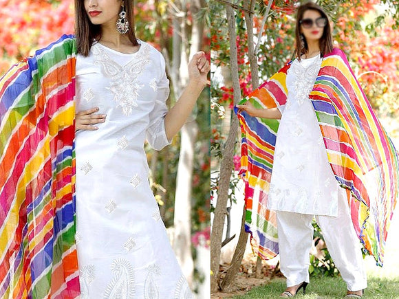 Elegant Embroidered Cotton Dress with Vibrant Color Chiffon Dupatta (DZ16707)