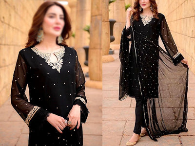 Trendy Embroidered Black Chiffon Wedding Dress 2023 (DZ16714)