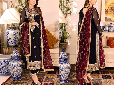 Elegant Embroidered Black Chiffon Party Wear Dress 2023 (DZ16715)