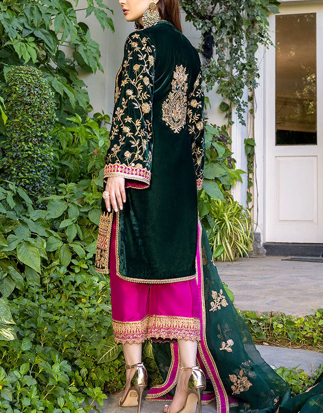 green emerald velvet dress nureh Pakistani Dress Green Exclusive Velvet main image 0