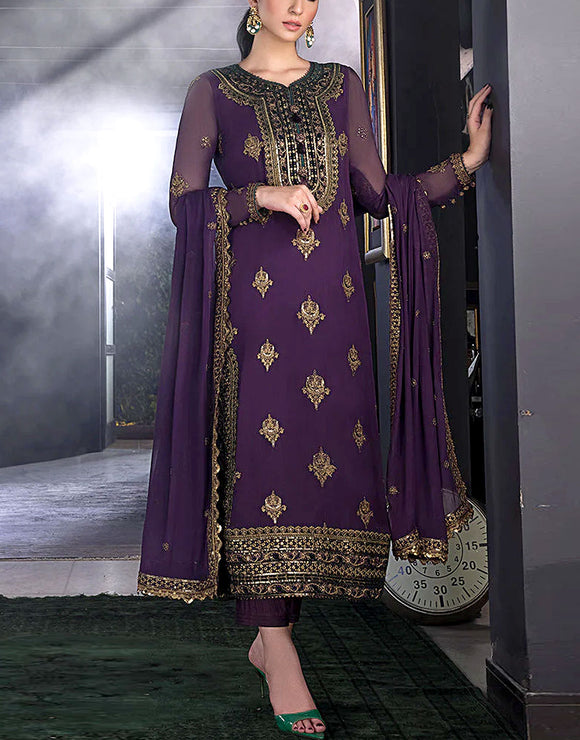 Elegant Embroidered Purple Chiffon Wedding Dress (DZ16736)