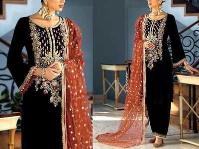 Handwork Embroidered Black Velvet Wedding Dress 2023 (DZ16739)