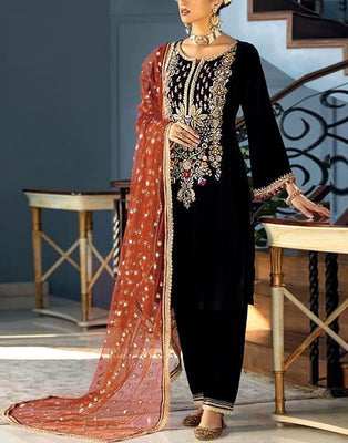 Glamorous Handwork & Heavy Embroidered Black Velvet Wedding Dress (DZ16739)