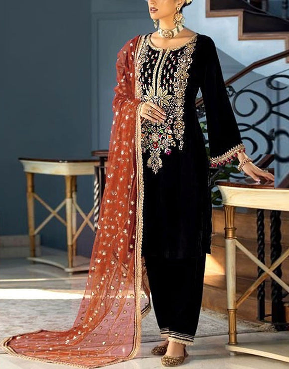 Glamorous Handwork & Heavy Embroidered Black Velvet Wedding Dress (DZ16739)