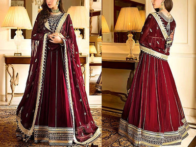 Heavy Embroidered Chiffon Party Wear Maxi Dress 2023 (DZ16740)