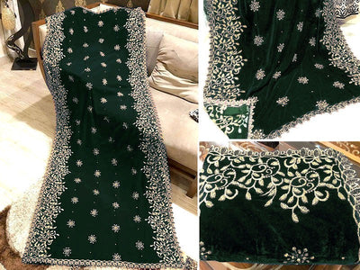 Heavy Embroidered Cutwork Green Bridal Velvet Shawl (DZ16749)