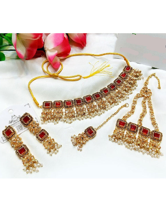 Bridal Choker Necklace Set with Earrings, Jhumar and Maang Teeka (DZ16763)