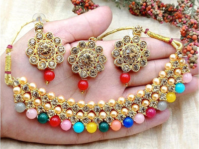Vibrant Color Beads Party Wear Necklace Set with Earrings & Teeka (DZ16778)