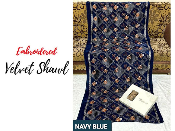 Heavy Embroidered Navy Blue Bridal Velvet Shawl (DZ16792)