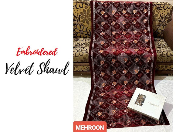 Heavy Embroidered Maroon Bridal Velvet Shawl (DZ16793)