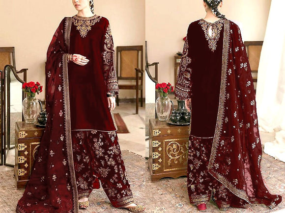Luxury Embroidered Maroon Velvet Wedding Dress 2023 (DZ16795)