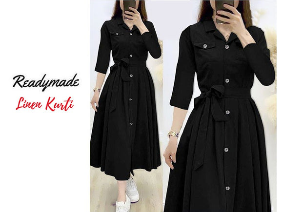 Readymade Linen Shirt for Girls - Black (DZ16804)