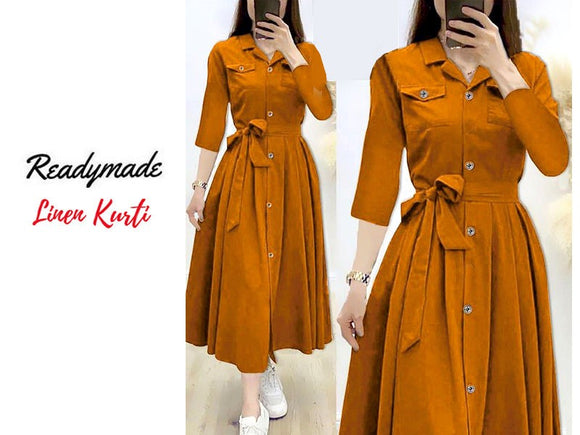 Readymade Linen Shirt for Girls - Mustard (DZ16805)