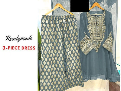 Readymade 3-Piece Embroidered Chiffon Dress- Grey (DZ16827)