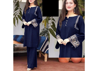 Readymade 2-Piece Embroidered Linen Dress - Navy Blue (DZ16831)