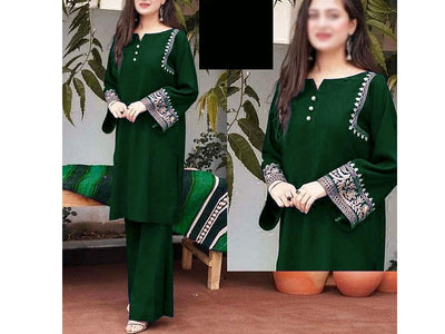 Readymade 2-Piece Embroidered Linen Dress - Green (DZ16832)
