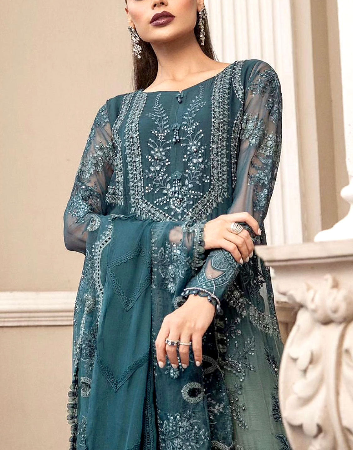 Luxury Handwork Heavy Embroidered Chiffon Wedding Dress (DZ16837) DressyZone.com Luxury Handwork Heavy Embroidered Chiffon Wedding Dress (DZ16837) DressyZone.com