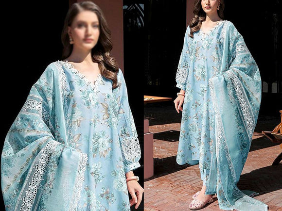 Digital Print Embroidered Swiss Lawn Dress with Organza Dupatta (DZ16848)