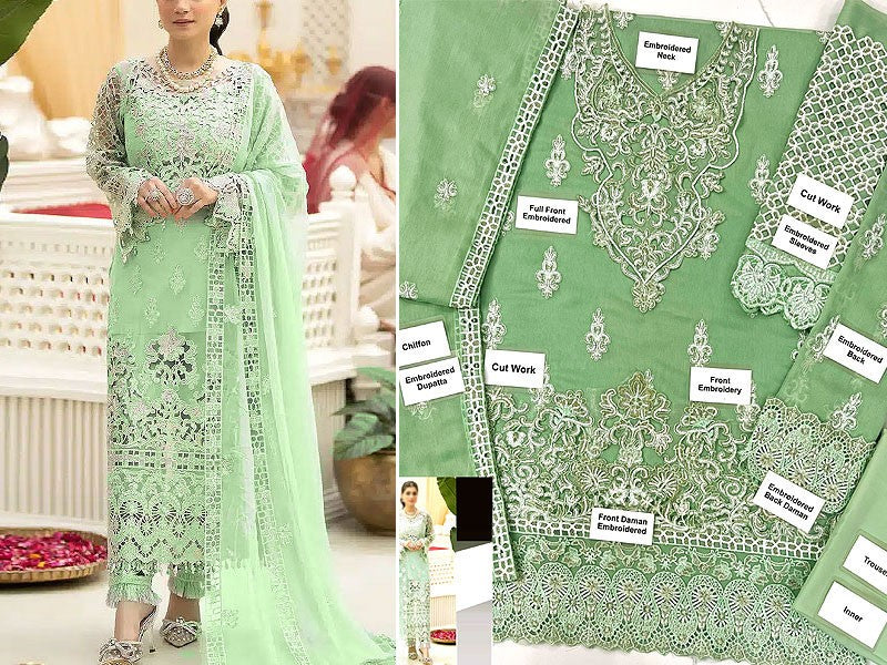 Heavy Embroidered White Chiffon Party Wear Dress (DZ18239) main image 1