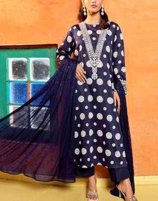 polka dots dress designs pakistani Polka-Dot Print Embroidered Lawn Dress with Chiffon Dupatta (DZ16969) DressyZone.com
